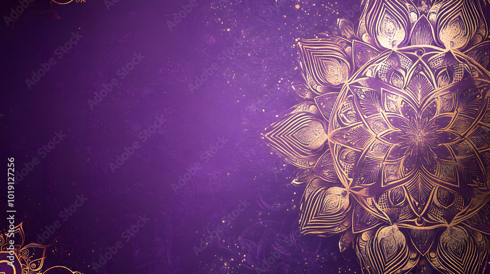 Poster a purple background design with gold mandala patterns on the right side design, leaving space for te