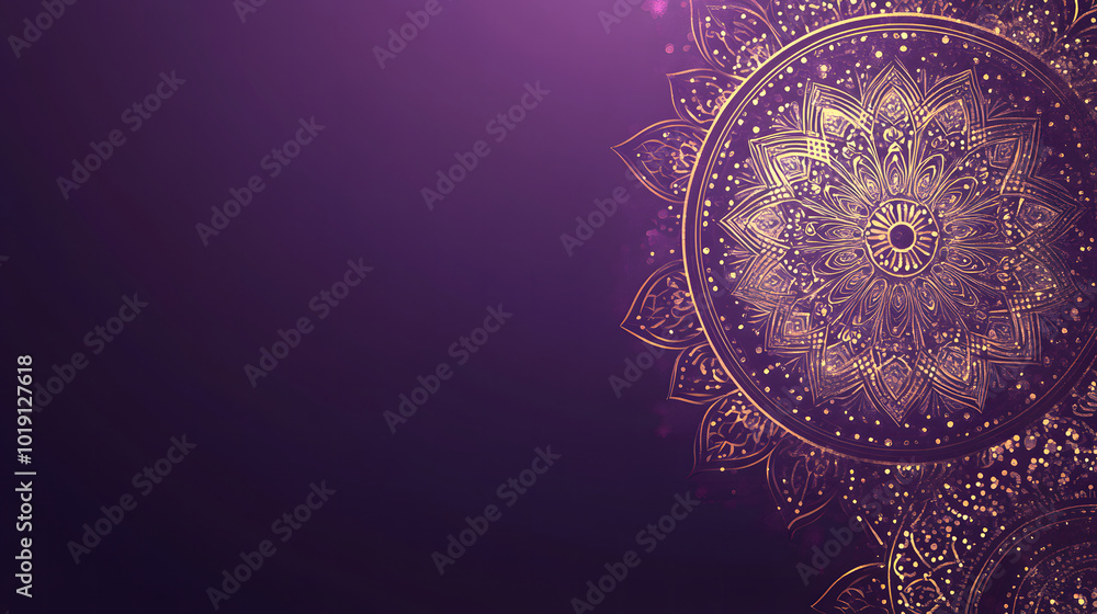 Poster a purple background design with gold mandala patterns on the right side design, leaving space for te