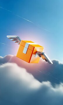 Orange package flying through clouds with silver wings