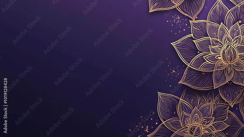 Poster a purple background design with gold mandala patterns on the right side design, leaving space for te