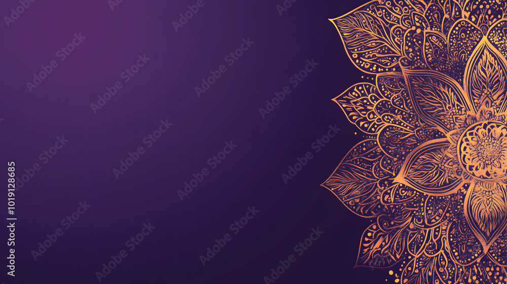 Poster a purple background design with gold mandala patterns on the right side design, leaving space for te