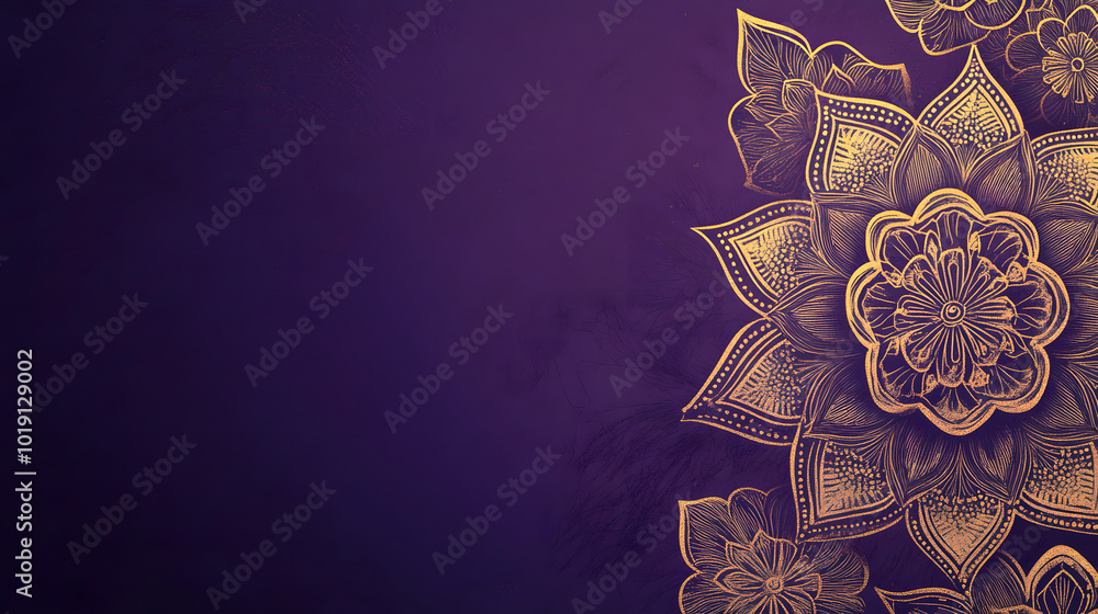Poster a purple background design with gold mandala patterns on the right side design, leaving space for te