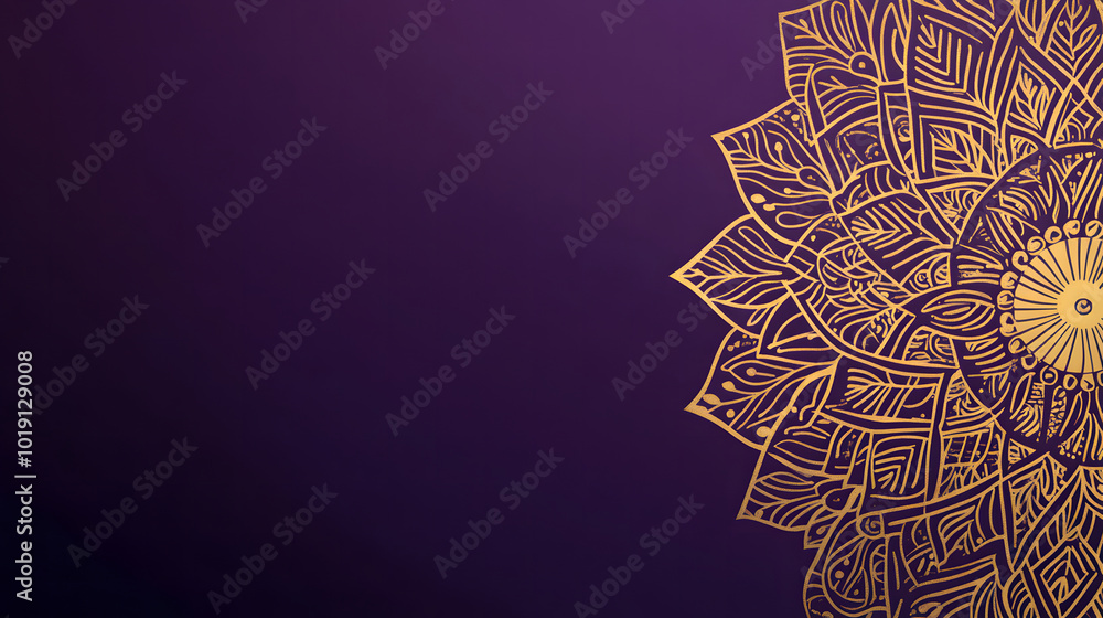 Poster a purple background design with gold mandala patterns on the right side design, leaving space for te