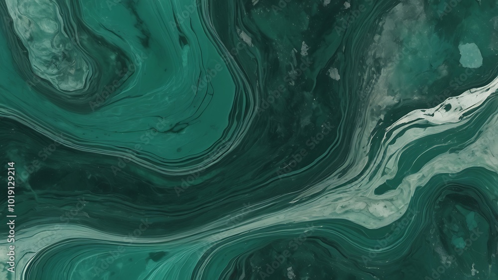 Poster abstract marbled textured background featuring a rich, deep green and white colors with with swirlin