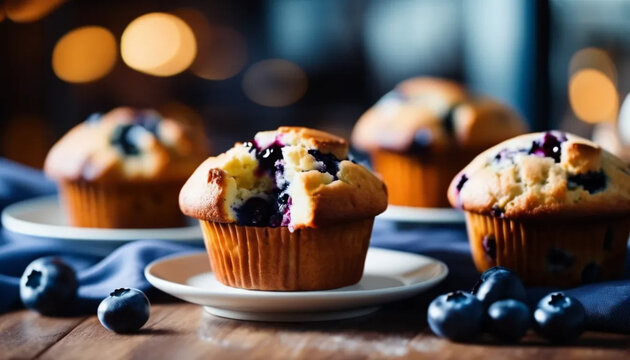 Bluberry muffins on plates, ai