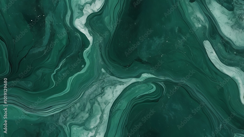 Poster abstract marbled textured background featuring a rich, deep green and white colors with with swirlin