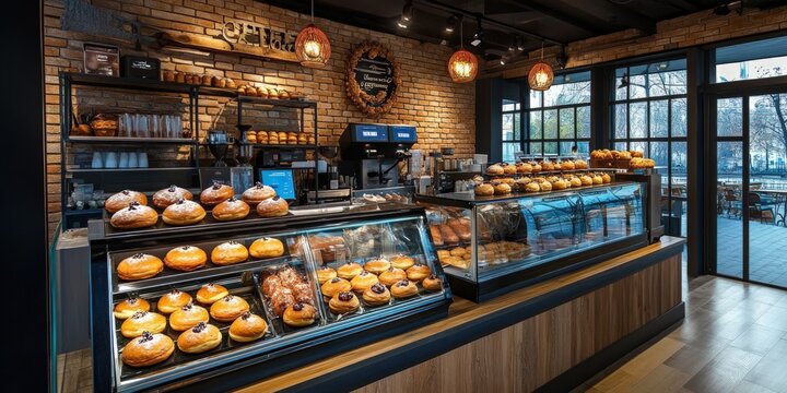 A bakery counter with pastries on display, featuring a rustic wooden counter, brick walls and glass display cases.