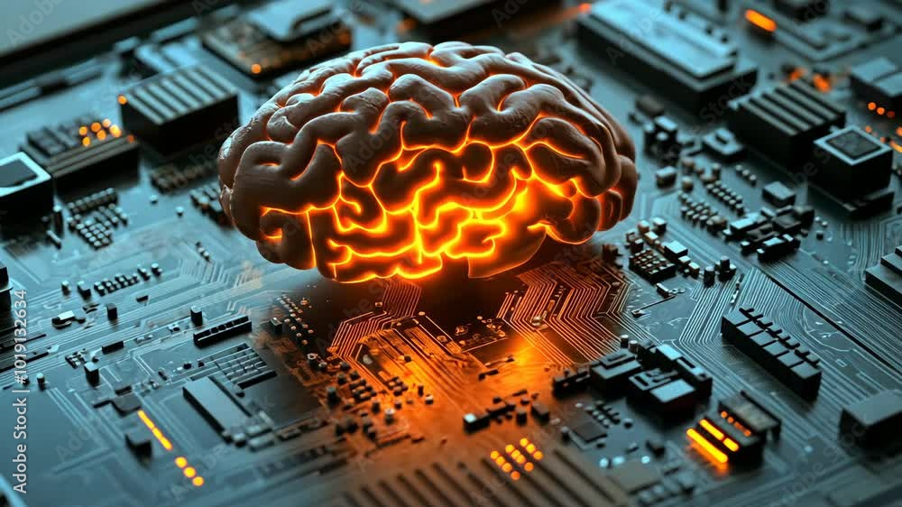 Poster a glowing brain sits on a circuit board, representing the power of artificial intelligence