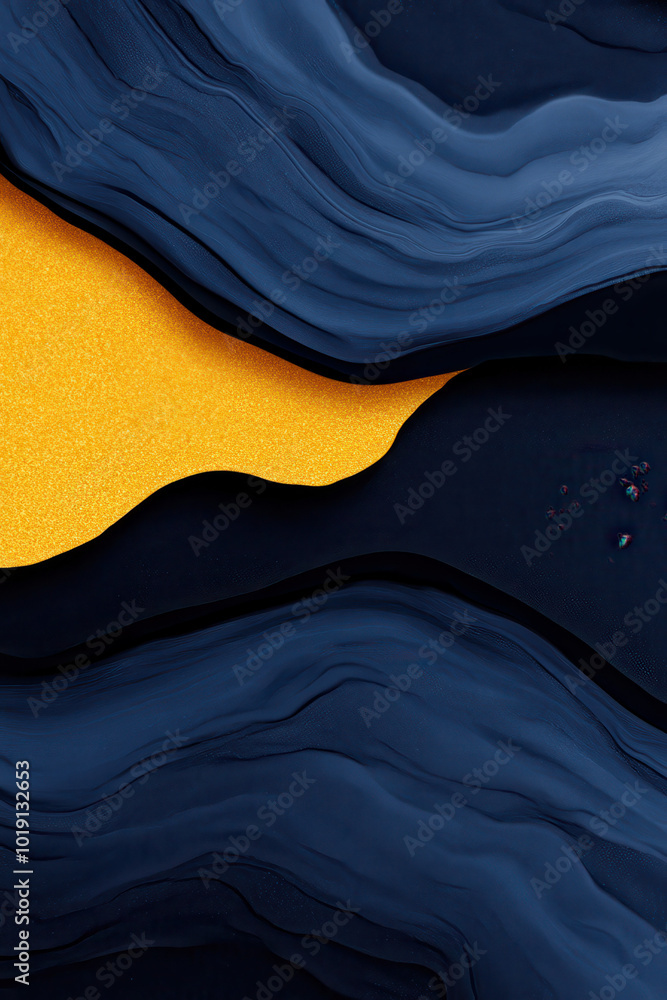 Poster dynamic abstract art with bold blue and gold contrasts in fluid wave patterns