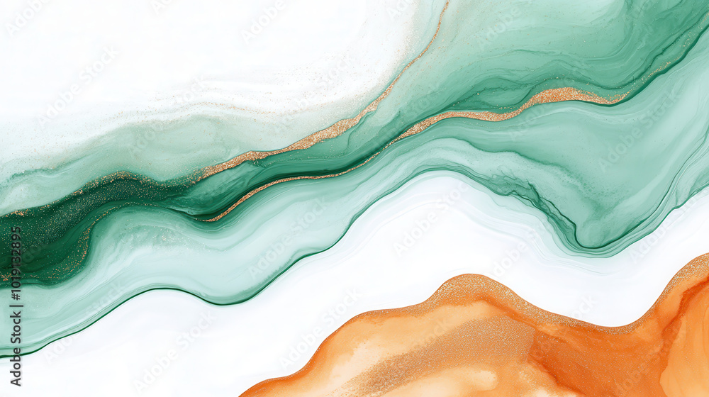 Poster abstract fluid texture with marble pattern and color waves in green and orange tones