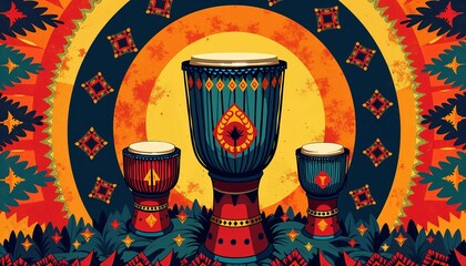 Vibrant illustration of African drums surrounded by colorful patterns and motifs
