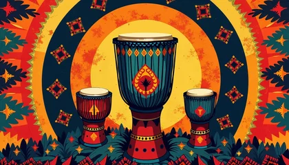 Fototapeten Vibrant illustration of African drums surrounded by colorful patterns and motifs © Leksa
