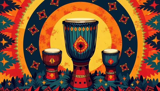 Vibrant illustration of African drums surrounded by colorful patterns and motifs