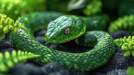 Fototapeta premium Close-up of a vibrant green snake with detailed scales, blending in lush forest surroundings.