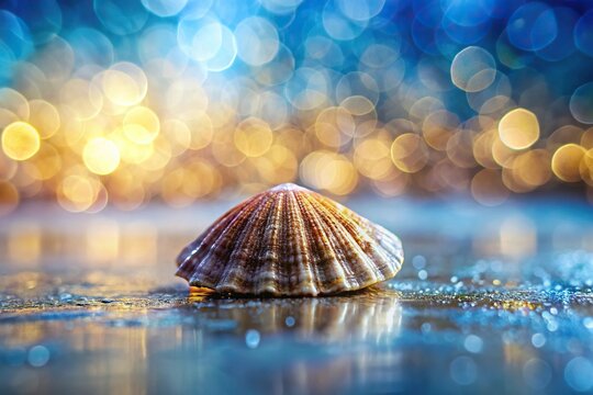 Abstract background of bokeh lights with a focus on a limpet shell in a long shot