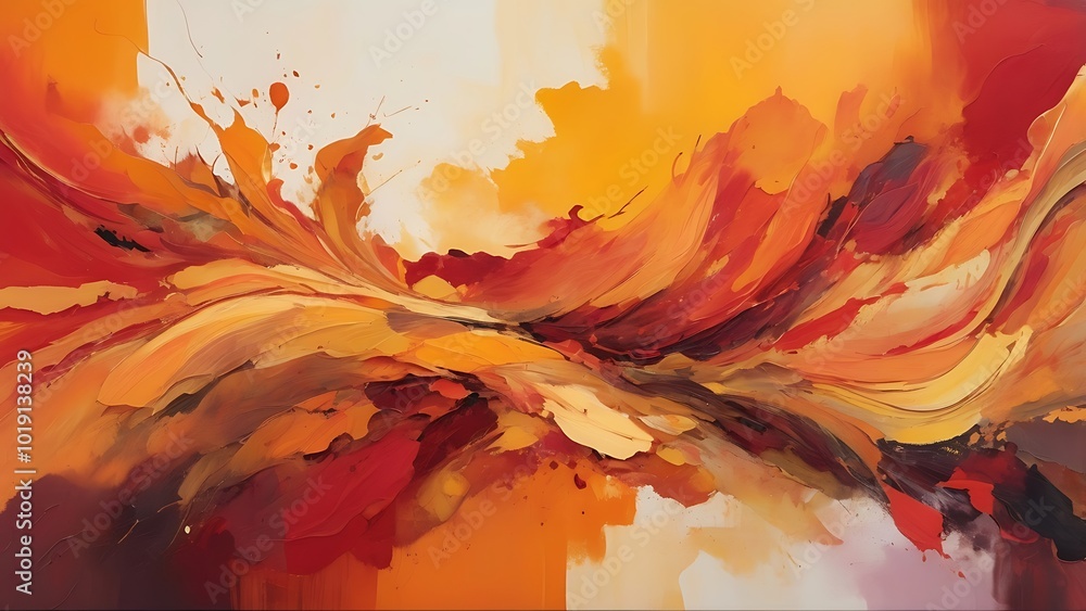 Poster abstract painting background with a dynamic and fluid style, featuring a vibrant blend of warm color