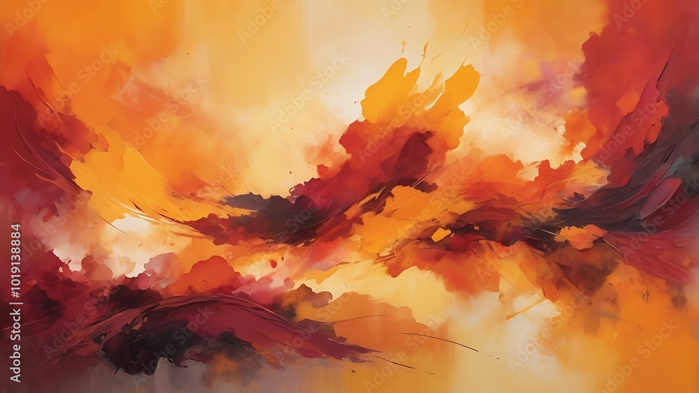 Poster abstract painting background with a dynamic and fluid style, featuring a vibrant blend of warm color