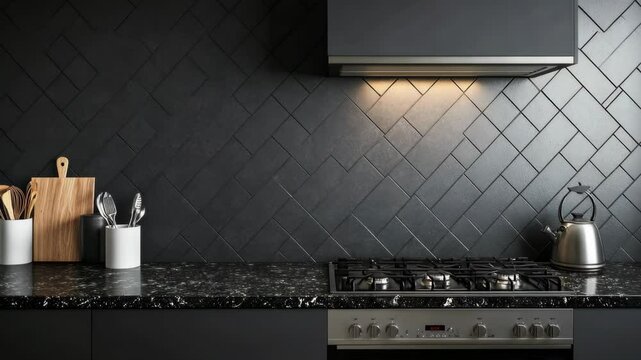 A black kitchen with a herringbone tile backsplash and a stainless steel stovetop