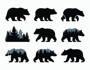 Silhouetted Black Bears Walking Forest Vector EPS Template
