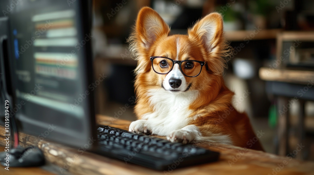 Poster the corgi, sporting glasses, focuses on the computer screen while resting its paws on a wooden desk 