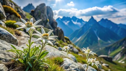 Alpine meadow with edelweiss growing among rocks in high mountains aerial view