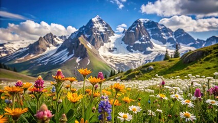 Alpine meadow with wildflowers and snow covered peaks