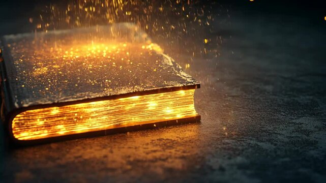 A closed book with glowing pages sits on a dark surface, with sparks flying around it