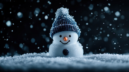 Fototapeta premium cheerful snowman with a knitted cap in gently falling snow
