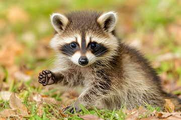 Fototapeta premium A cute baby raccoon sitting in fallen leaves, looking at the camera with its paw raised.