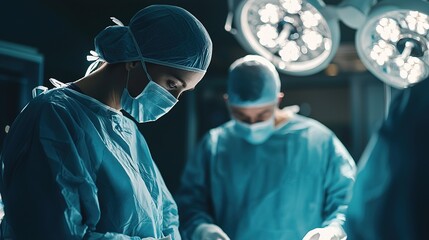 A focused surgical team works in a sterile environment, demonstrating precision and teamwork while performing a medical procedure.