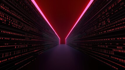 Long, dark tunnel with red lights on the walls. The tunnel is filled with many numbers and symbols