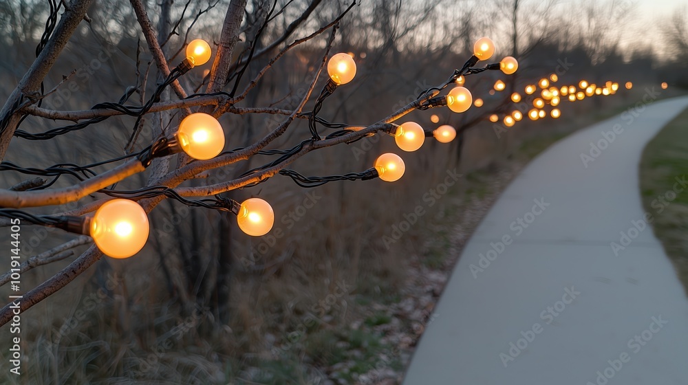 Poster path is lit up with lights on a tree branch. the lights are yellow and the branch is bare