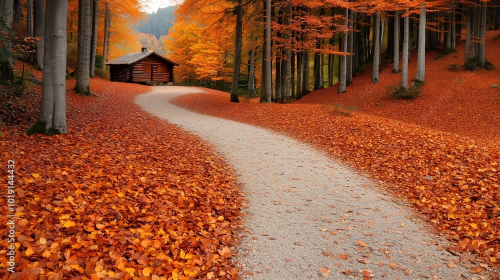Poster path through a forest with a cabin in the distance. the cabin is surrounded by trees and the path is
