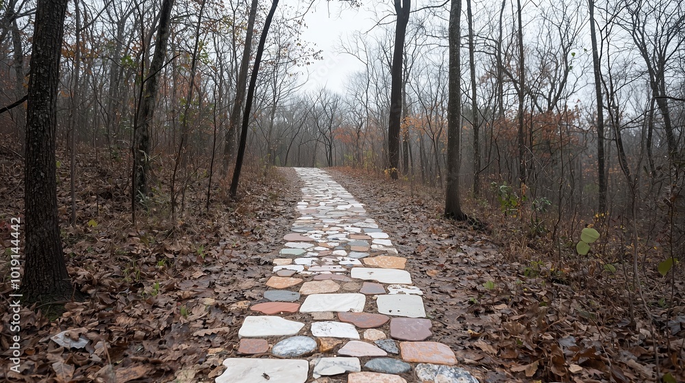 Aufkleber path through a forest with a stone walkway. the path is covered in leaves and the sky is cloudy
