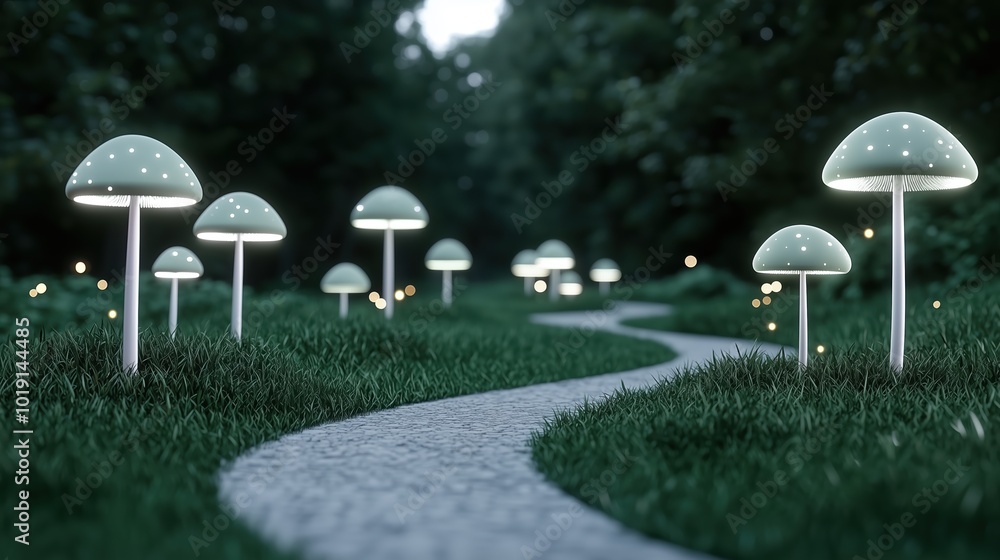 Poster path with a row of glowing mushrooms on either side. the mushrooms are lit up and appear to be glowi