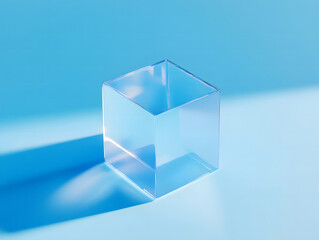 Fototapeta premium Minimalist isometric cube made of blue glass, blue background design, isosceles triangle in the middle, minimalism design, blue color theme design, illustration,