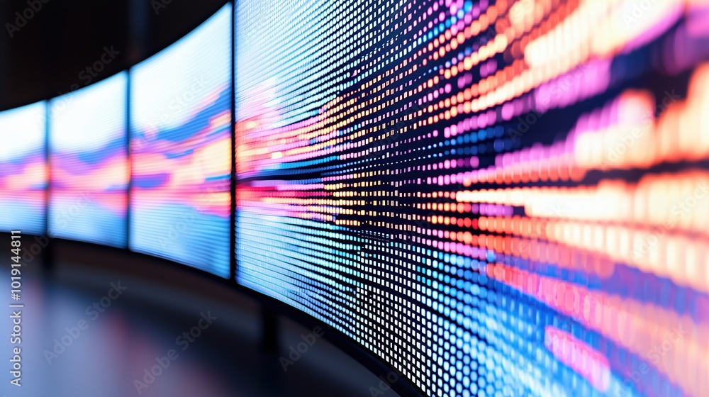 Aufkleber Row of computer monitors with a colorful, abstract pattern on the screen. The pattern is made up of small dots that are arranged in a way that creates a sense of movement and energy