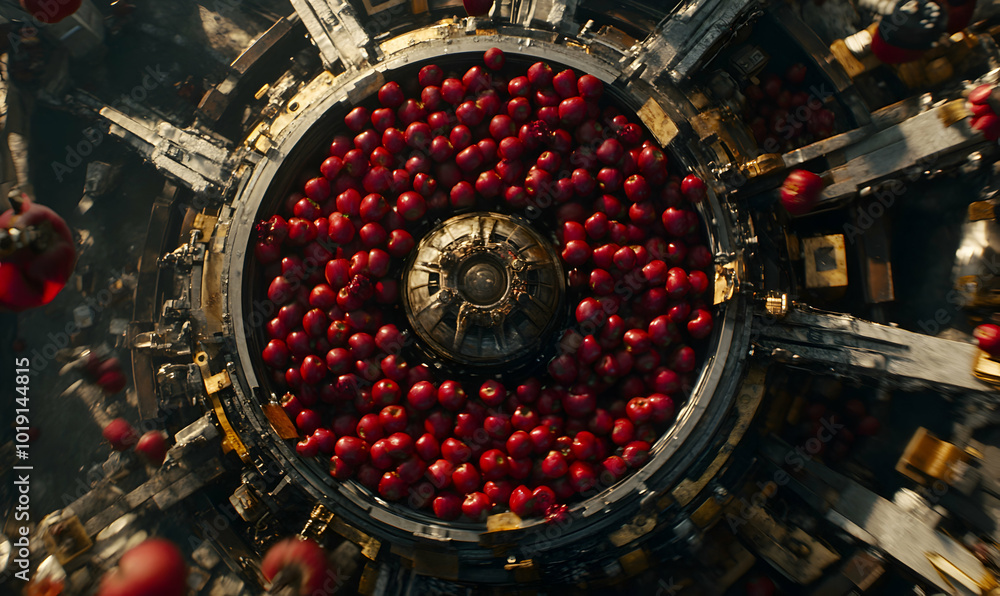 Poster a close-up of a large, industrial-looking machine with red apples in a circular basin, as more apple