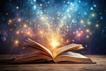 Magical book of Akashic Records with pretty lights and dark mysterious background reflected