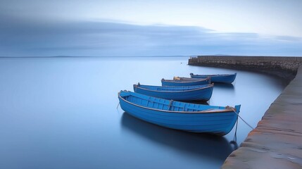 Fototapeta premium Three blue boats are docked at a pier. The water is calm and the sky is a light blue