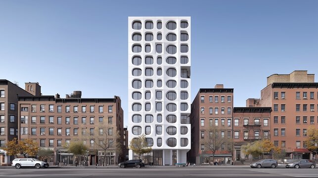 Large white building with many windows sits in front of a row of brick buildings. The scene is set in a city with a mix of old and new architecture
