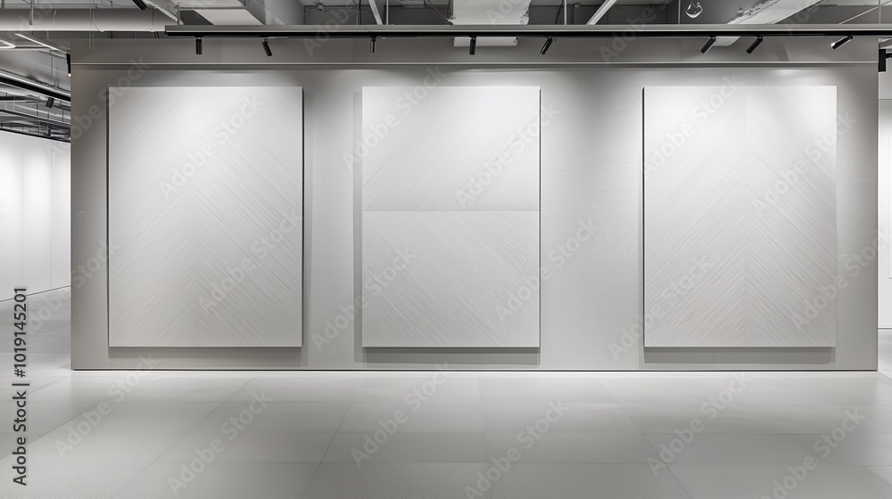 Poster three white paintings are on display in a white room. the paintings are all different sizes and are 