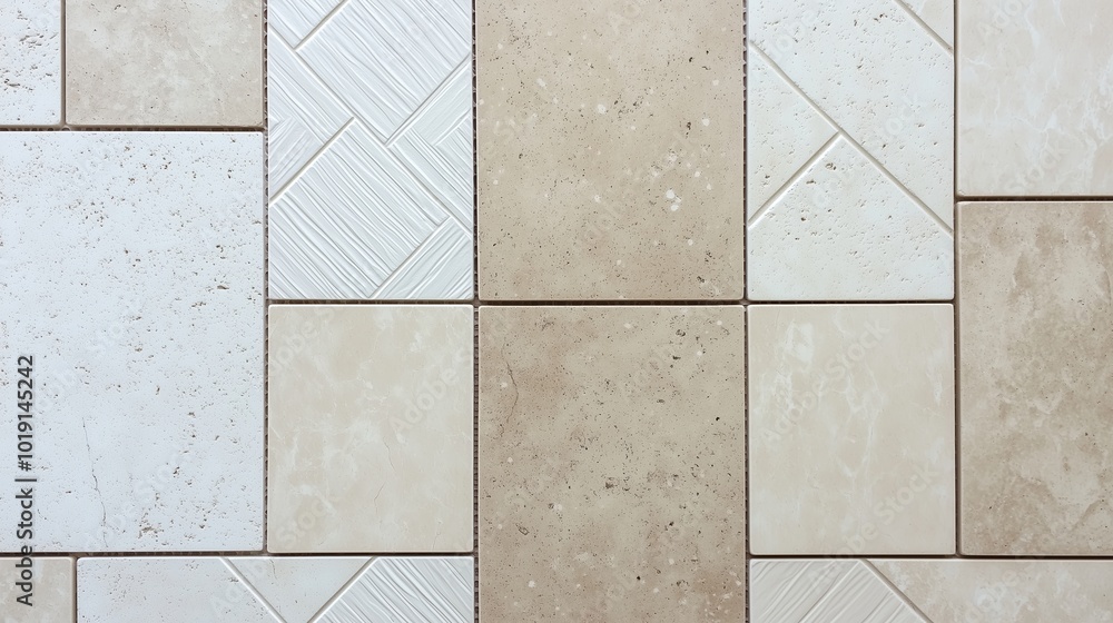 Aufkleber tile floor with a white and tan pattern. the tiles are square and the pattern is made up of differen