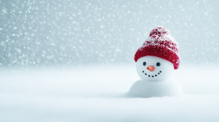 Fototapeta premium cheerful snowman wearing red hat in falling snow