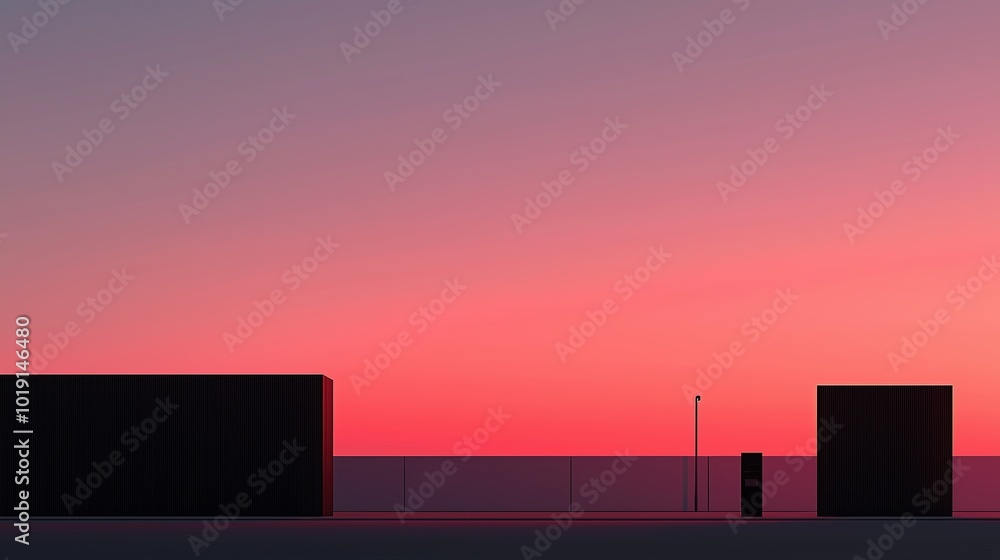 Poster building with a fence in front of it and a street lamp in the background. the sky is pink and the su