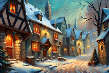 painting of an an english medieval village at christmas with lights and decorated tree outside snow covered houses