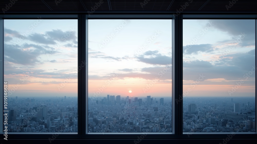 Poster city skyline is visible through a window with a sunset in the background. the sky is cloudy and the 