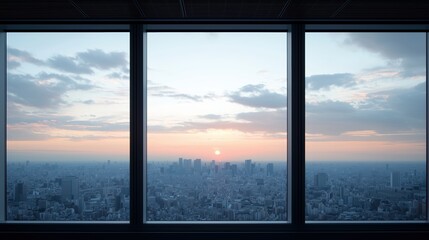 City skyline is visible through a window with a sunset in the background. The sky is cloudy and the sun is setting, creating a moody atmosphere