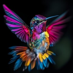 Fototapeta premium A vibrant and colorful hummingbird in flight. The bird showcases a stunning array of bright hues such as pink, blue, and yellow. This image captures the beauty of nature. AI