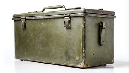 Ammo container from WWII era isolated on white background minimalist